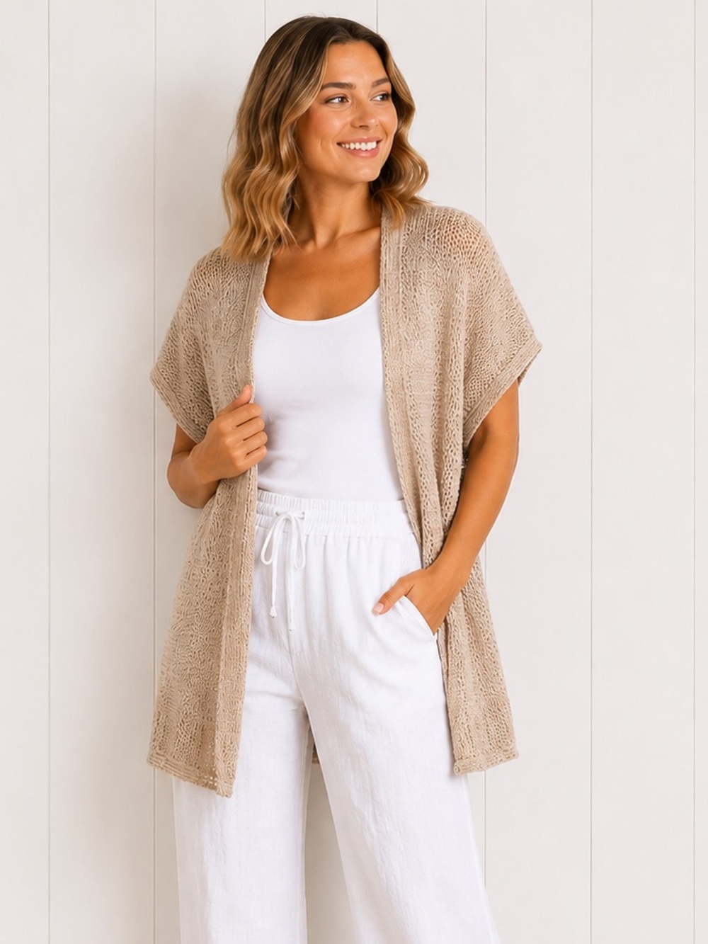 Linen Blend Cardigan Dolman Sleeve Cottagecore Coastal Neutral Large Size 14